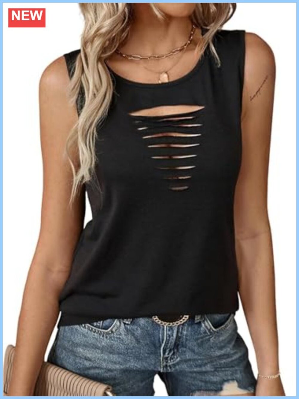 Women's Ripped Sleeveless Tank Top Distressed Cut Out Crew Neck